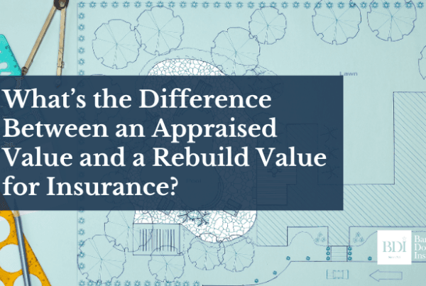 Blueprint design with blog title on appraised vs rebuild value for insurance