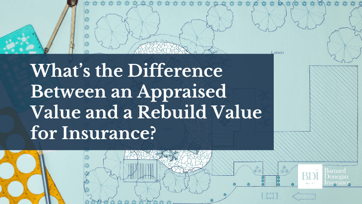 Blueprint design with blog title on appraised vs rebuild value for insurance