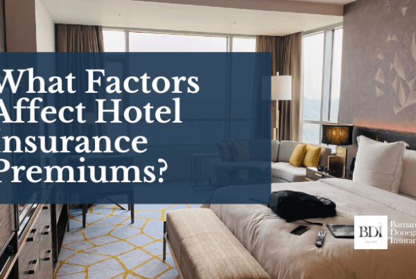 Luxury hotel room with title overlay 'What Factors Affect Hotel Insurance Premiums?