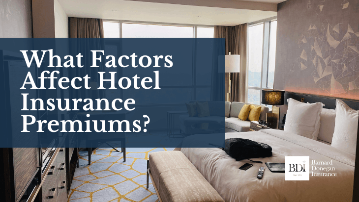 Luxury hotel room with title overlay 'What Factors Affect Hotel Insurance Premiums?