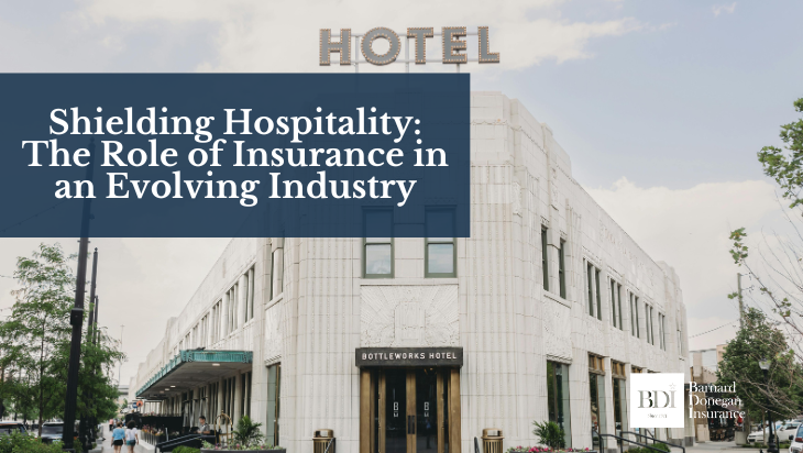 Hotel building with sign reading "HOTEL," featuring text overlay: "Shielding Hospitality: The Role of Insurance in an Evolving Industry," related to hospitality insurance trends and strategies.